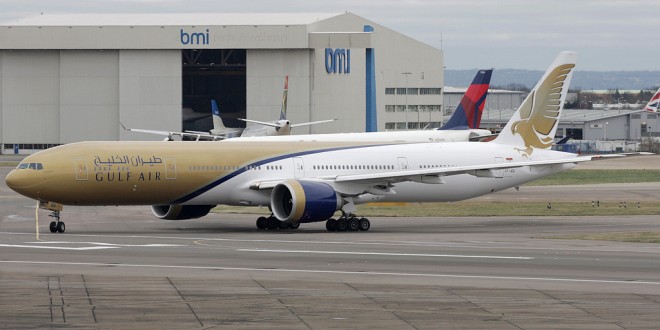 Jet Airways Boeing 777-300ER painted in Gulf Air livery.