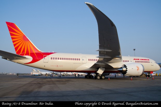 Air India Boeing 787-8 Dreamliner line number 35 test registered N1015 (later became VT-ANH) at the India Aviation show, Hyderabad March 2012. Photo copyright Devesh Agarwal.