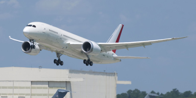 First Charleston, SC, built Boeing 787-8 Dreamliner achieves first flight. LN46 is due to be delivered to Air India. Boeing image.