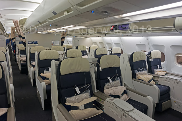 Air France A330-200 business class cabin. Blue and white are soothing colours in the calm oasis of the Air France business class on board the A330-200.
