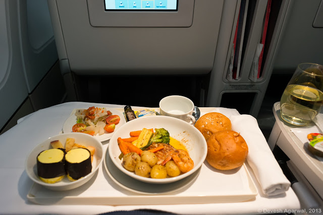 Fish entree, supper, post take-off, Bangalore to Paris.