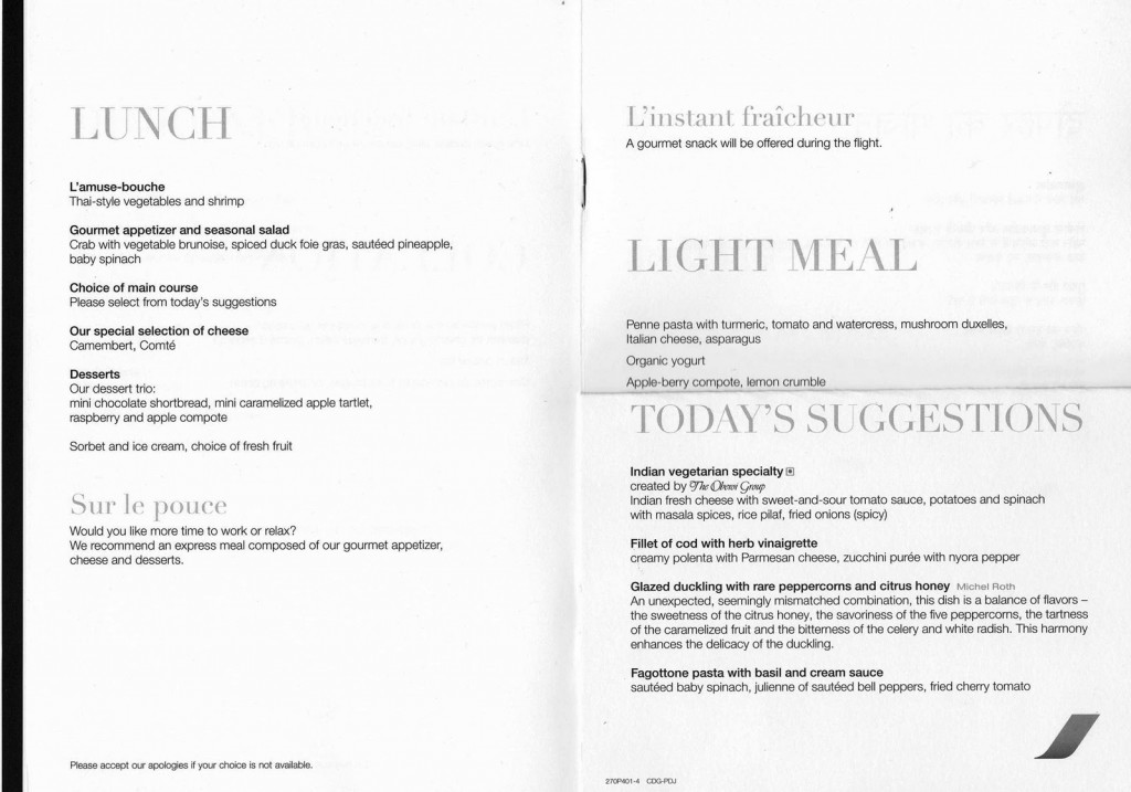 Paris to Mumbai lunch menu. 