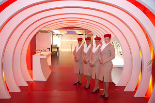 Emirates cabin crew at the Madrid VIP lounge. Airline photo.