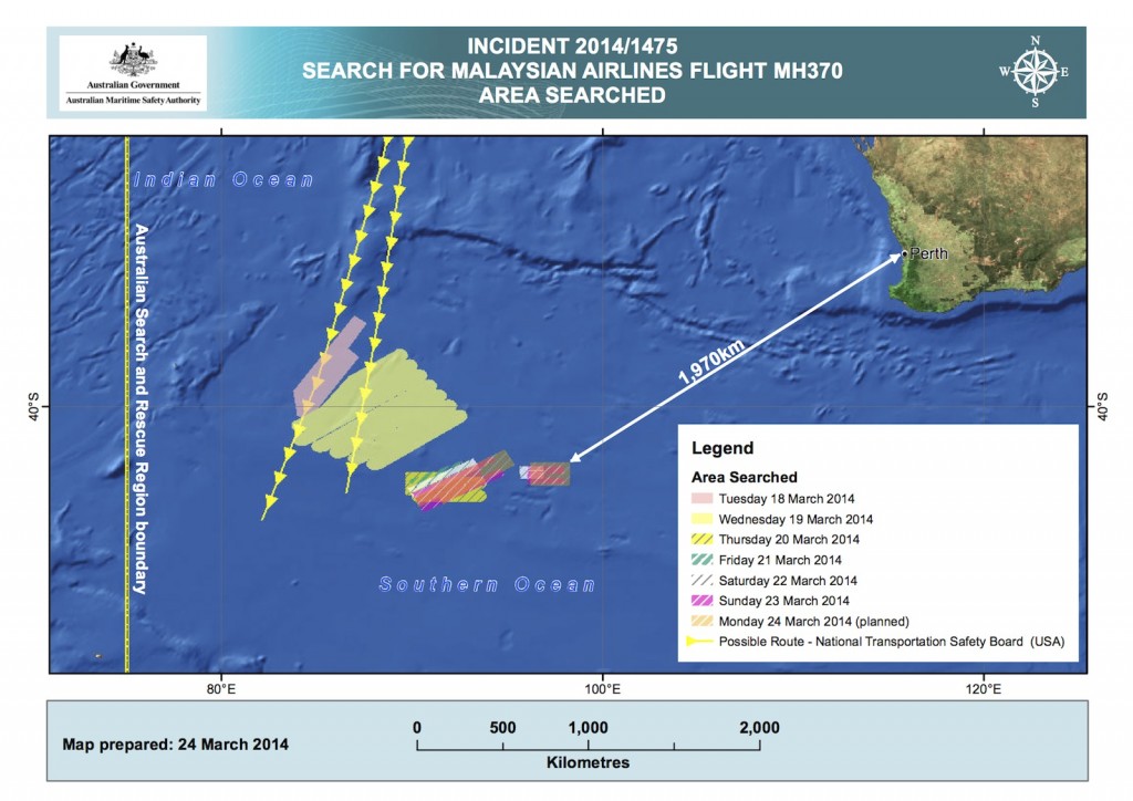 Malaysia Airlines MH370 Cumulative searched areas till March 24, 2014. Picture courtesy AMSA