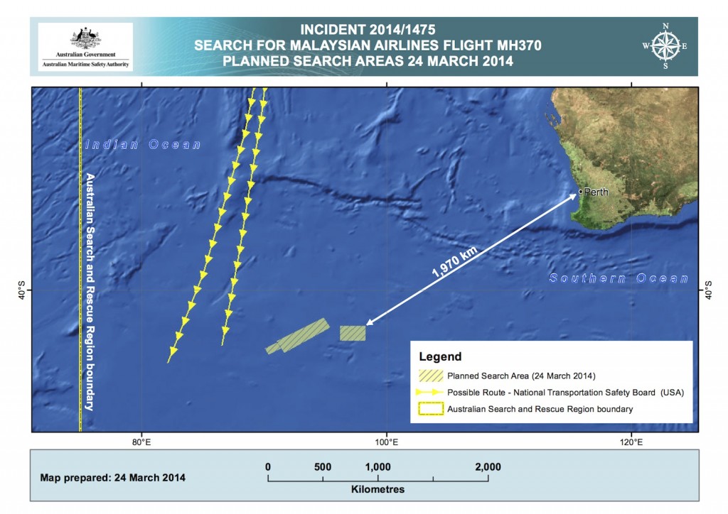 Malaysia Airlines MH370 planned searched area March 24, 2014. Picture courtesy AMSA