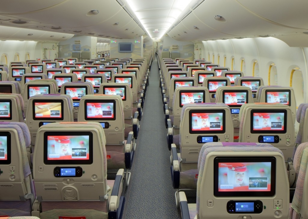 Emirates' Boeing 777 economy class in 3-4-3 configuration.