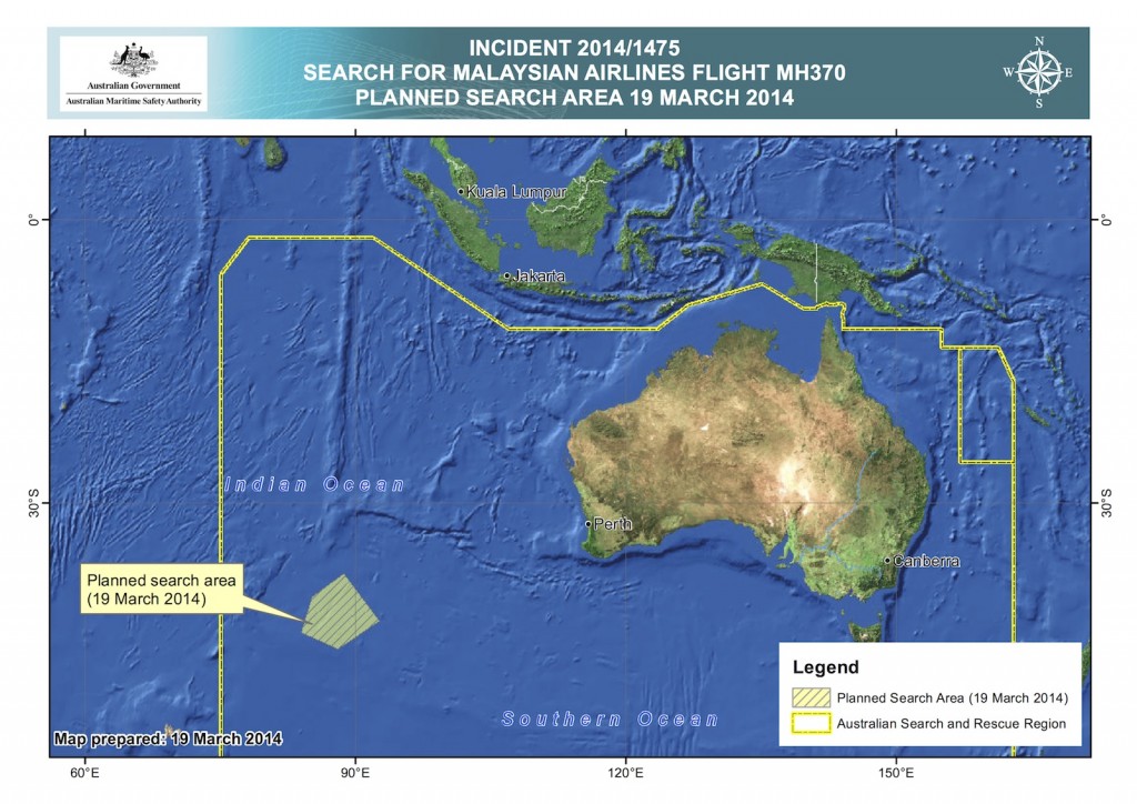 Malaysia Airlines MH370 possible debris found overall search area near Australia map AMSA AGIO