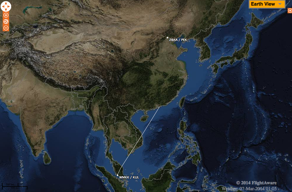 Projected flight track of MH370 based on past flights. Malaysia Airlines Crash Kuala Lumpur Beijing