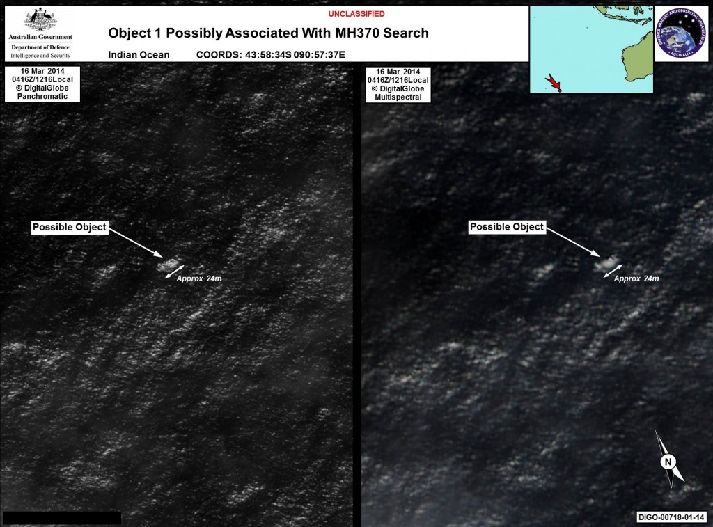 Satellite images of possible debris from Malaysia Airlines MH370 off the coast of Australia.