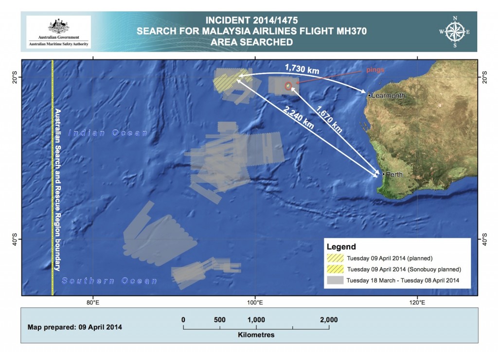 The search for MH370. Cumulative areas searched till April 9, 2014