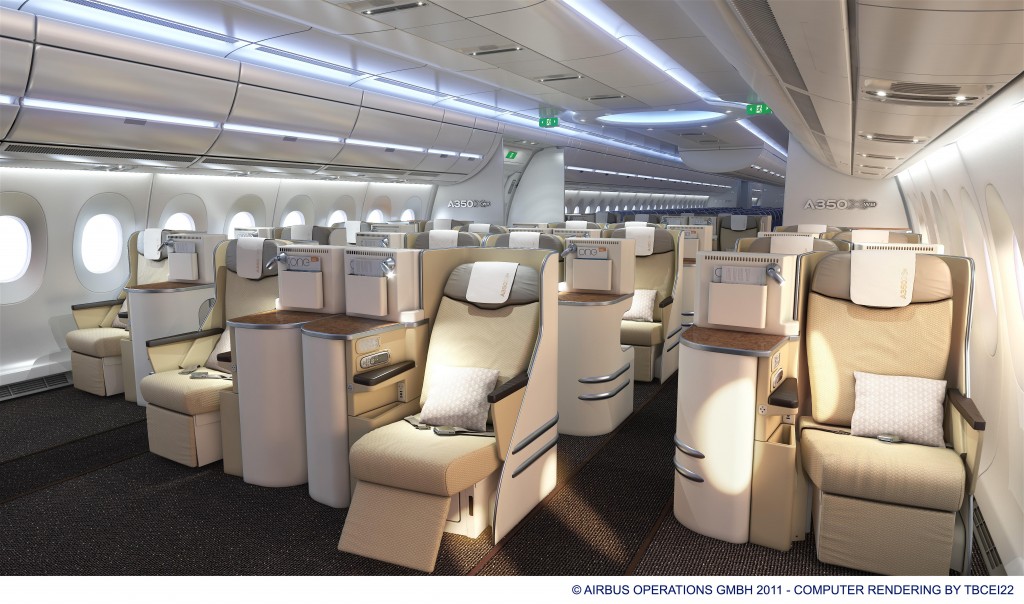 Airbus A350 sample business class cabin wide configuration.