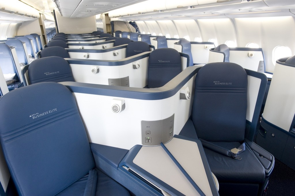 Delta Air Lines BusinessElite class full flat-bed seat on Boeing 747Delta Air Lines BusinessElite class full flat-bed seat on Airbus A330