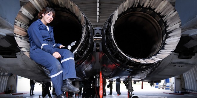 Celebrating international women's' day an Israeli Defence Forces (IDF) technician checks out an F-15 Eagle.