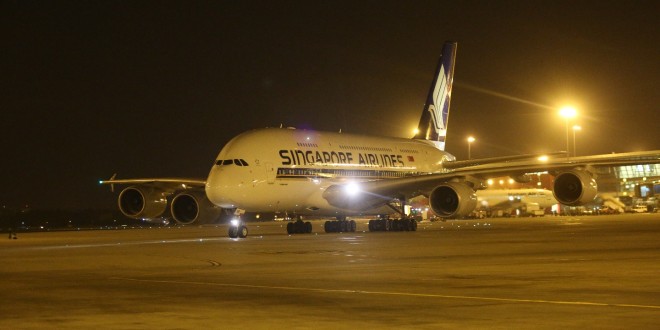 Singapore Airlines A380 9V-SKB arrives at New Delhi IGI airport on first scheduled commercial A380 service to India.