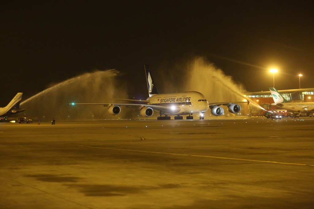 Singapore Airlines A380 9V-SKB being given traditional water cannon salute as it arrives at New Delhi IGI airport staring scheduled commercial A380 service to India.