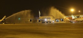 Singapore Airlines A380 9V-SKB being given traditional water cannon salute as it arrives at New Delhi IGI airport staring scheduled commercial A380 service to India.