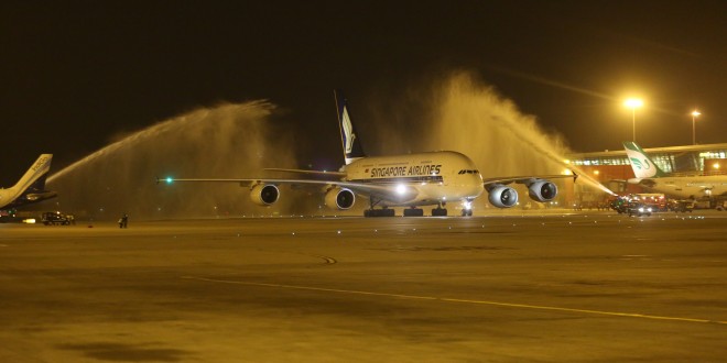 Singapore Airlines A380 9V-SKB being given traditional water cannon salute as it arrives at New Delhi IGI airport staring scheduled commercial A380 service to India.