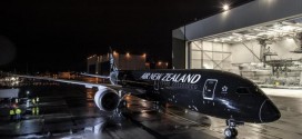 Air New Zealand launch Boeing 787-9 in all-back livery leaves Boeing paint shop.