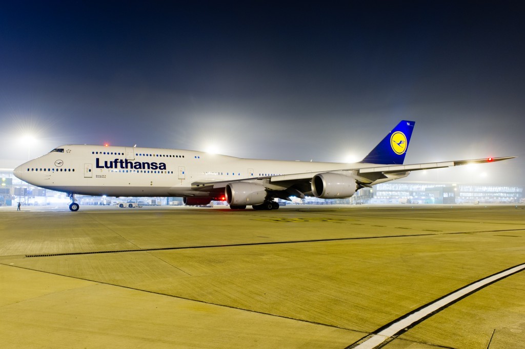 Lufthansa Boeing 747-8i D-ABYA at New Delhi Indira Gandhi airport at night.