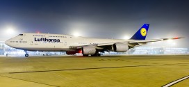 Lufthansa Boeing 747-8i D-ABYA at New Delhi Indira Gandhi airport at night.