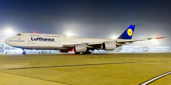 Lufthansa Boeing 747-8i D-ABYA at New Delhi Indira Gandhi airport at night.