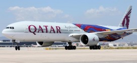 Qatar Airways Boeing 777-300ER A7-BAE in special FC Barcelona livery arrives at El Prat airport Barcelona Spain.