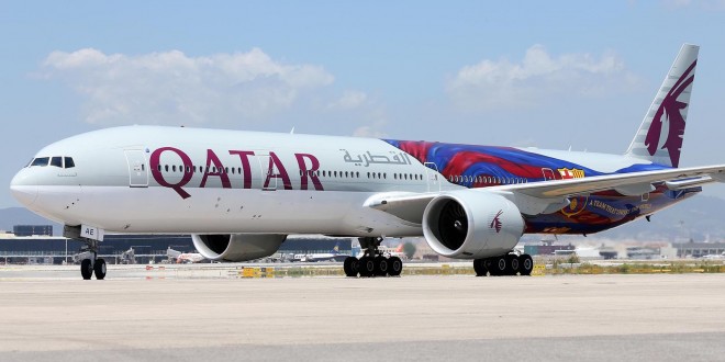 Qatar Airways Boeing 777-300ER A7-BAE in special FC Barcelona livery arrives at El Prat airport Barcelona Spain.