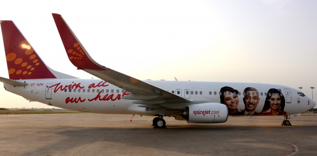 SpiceJet Boeing 737-800WL VT-SZK  in special crew livery. With all our heart slogan. Photo courtesy Spicejet.