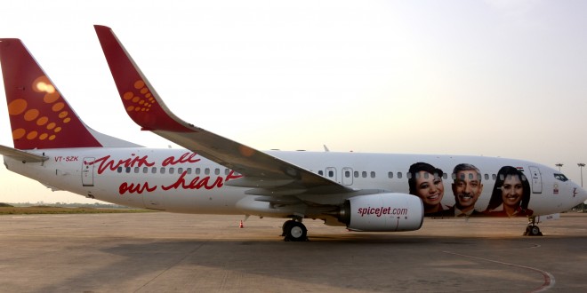 SpiceJet Boeing 737-800WL VT-SZK in special crew livery. With all our heart slogan. Photo courtesy Spicejet.