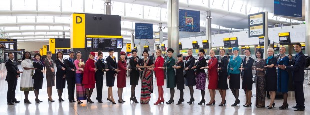 Cabin crew members from each of the existing 26 member airlines in the Star alliance welcome Air India (air hostess in the middle) as the alliance's 27th member.