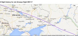 ADS-B flight track radar data from FlightRadar24 showing Jet Airways flight 9W117 London to Mumbai overflying the disputed city of Donetsk in eastern Ukraine on 16-July-2014.