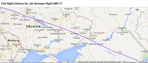 ADS-B flight track radar data from FlightRadar24 showing Jet Airways flight 9W117 London to Mumbai overflying the disputed city of Donetsk in eastern Ukraine on 16-July-2014.