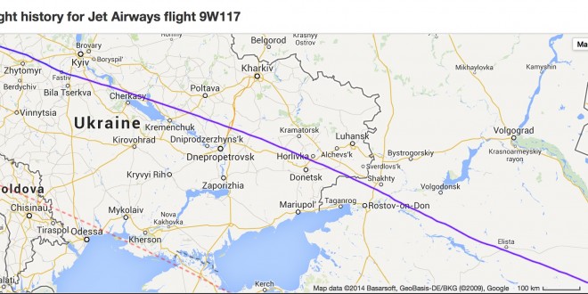 ADS-B flight track radar data from FlightRadar24 showing Jet Airways flight 9W117 London to Mumbai overflying the disputed city of Donetsk in eastern Ukraine on 16-July-2014.