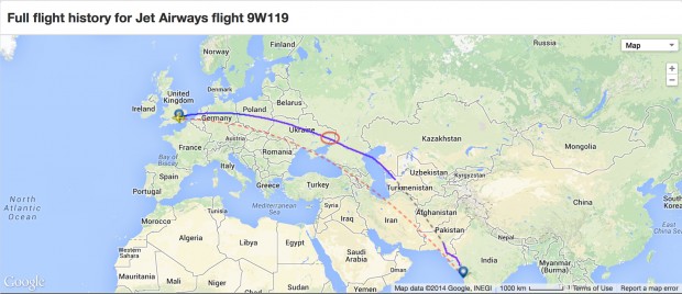 Flight track ADS-B radar data from FlightRadar24 showing Jet Airways flight 9W119 overflying Ukraine on 17-July-2014, just two hours before crash of MH17