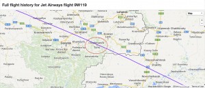 Close-up of flight track ADS-B radar data from FlightRadar24 showing Jet Airways flight 9W119 overflying Shakhtars'k Ukraine, the crash site of MH17, about two hours before the crash.