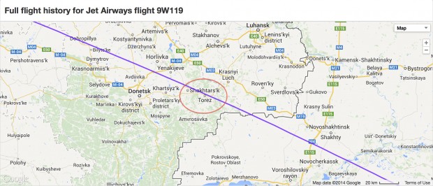 Close-up of flight track ADS-B radar data from FlightRadar24 showing Jet Airways flight 9W119 overflying Shakhtars'k Ukraine, the crash site of MH17, about two hours before the crash.