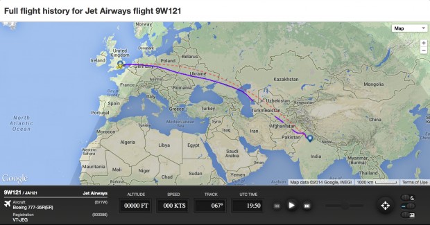 Flight track ADS-B radar data from FlightRadar24 showing Jet Airways flight 9W121 London to New Delhi overflying Ukraine on 15-July-2014 in the vicinity of the disputed city of Donetsk