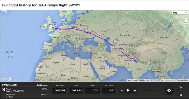 Flight track ADS-B radar data from FlightRadar24 showing Jet Airways flight 9W121 London to New Delhi overflying Ukraine on 16-July-2014 in the vicinity of the disputed city of Donetsk