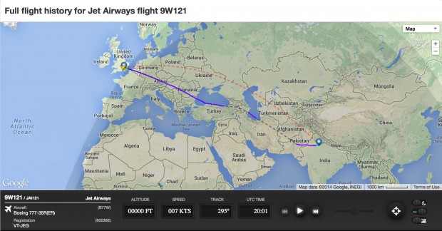 Flight track ADS-B radar data from FlightRadar24 showing Jet Airways flight 9W121 London to New Delhi on 17-July-2014 night, diverting south of Ukraine after the crash of MH17 hours earlier.