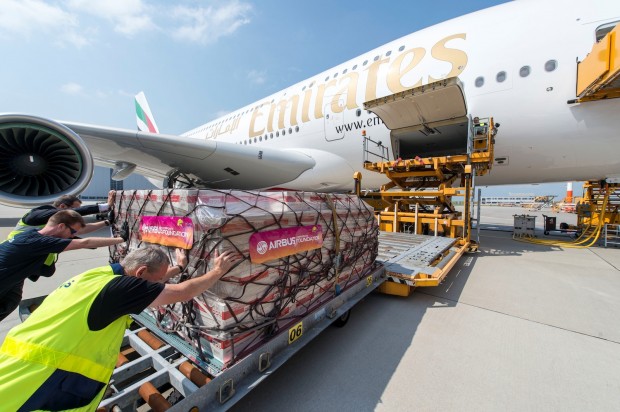 Humanitarian cargo being loaded on the delivery flight of 50th A380 delivered to Emirates. Airbus image.