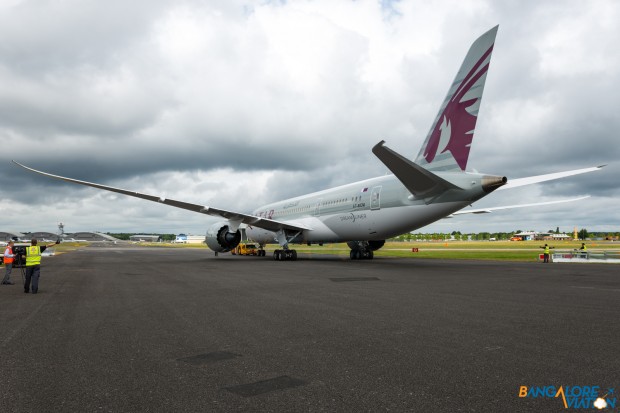 Qatar Airways Boeing 787-8 A7-BCM. Being pushed into it's parking spot for display at the show.