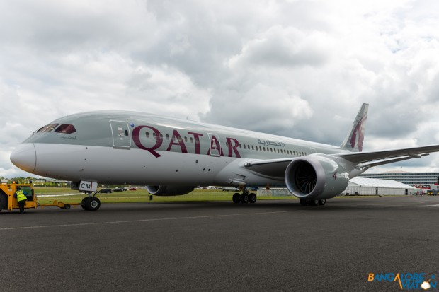 Qatar Airways Boeing 787-8 A7-BCM. Being pushed into it's parking spot for display at the show.