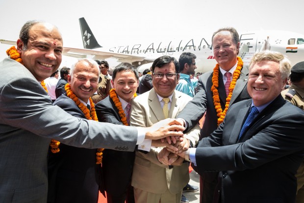 (L-R) EGYPTAIR CEO Sameh El Hefny Turkish Airlines CEO Temel Kotil Singapore Airlines CEO Choon Phong Goh Air India CMD Rohit Nandan Austrian Airlines CEO Jaan Albrecht Star Alliance CEO Mark Schwab