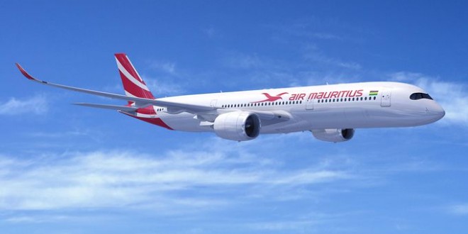 A computer generated image of the Airbus A350-900 in Air Mauritius colours. Airbus Image.