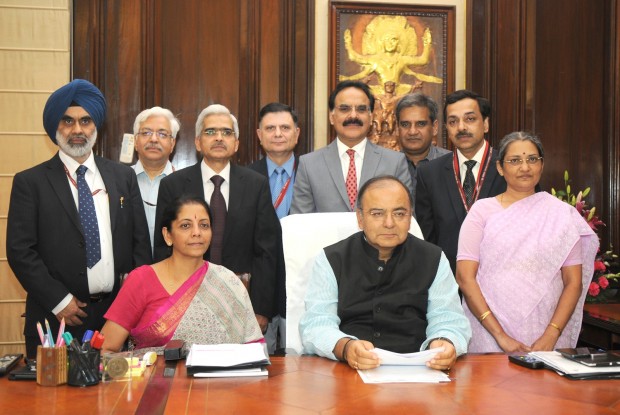 India's finance minister Arun Jaitley with commerce & Industry minister Ms. Nirmala Sitharaman, and bureaucrats who prepared the budget