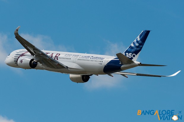 Airbus A350-900 "Qatar Airways Hybrid Livery". Seen doing a flypast on day 1 of Farnborough 2014.