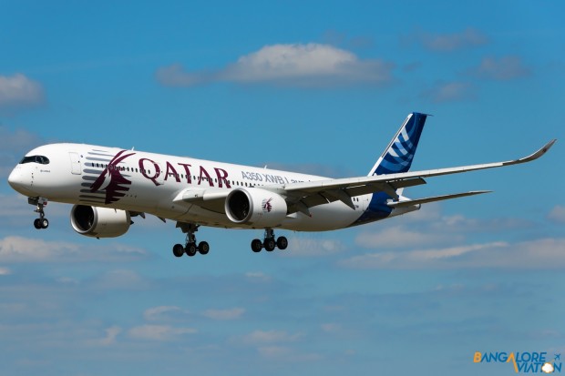Airbus A350-900 "Qatar Airways Hybrid Livery". Seen landing after it's display on day 1 of Farnborough 2014.
