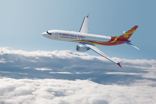 A computer generated image of the Boeing 737 MAX 8 in Hainan Airlines colours. Boeing Image.