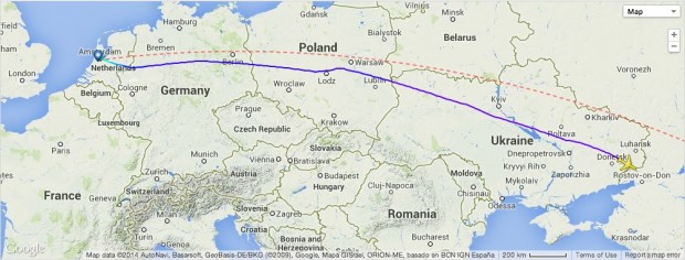 Malaysia Airlines MH17 route map from Amsterdam to LOC point (Loss of contact)