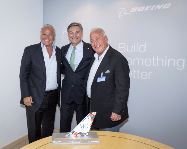 (L-R) Ralph Nakash, President, MG Aviation, Ray Conner, president and CEO, Boeing Commercial Airplanes and Joe Nakash, Chairman, MG Aviation.